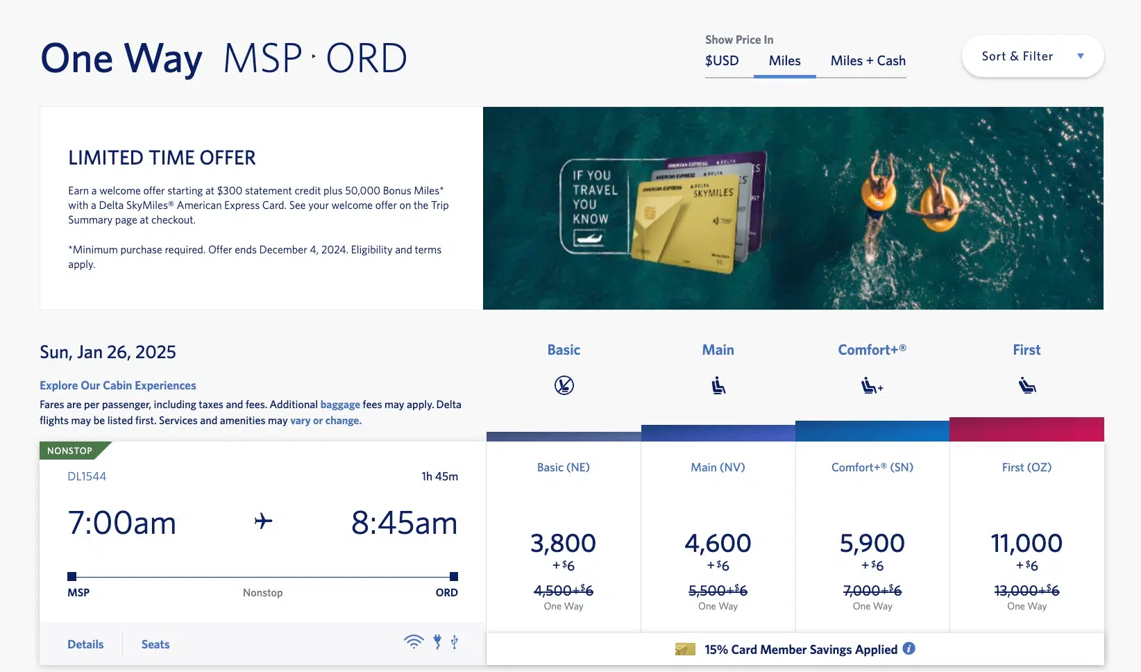 minneapolis to chicago skymiles rates