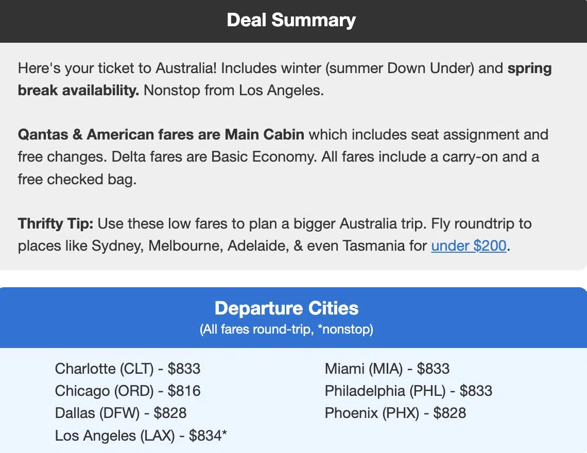 a list of departure cities on a Thrifty Traveler Premium flight deal alert for Brisbane, Australia