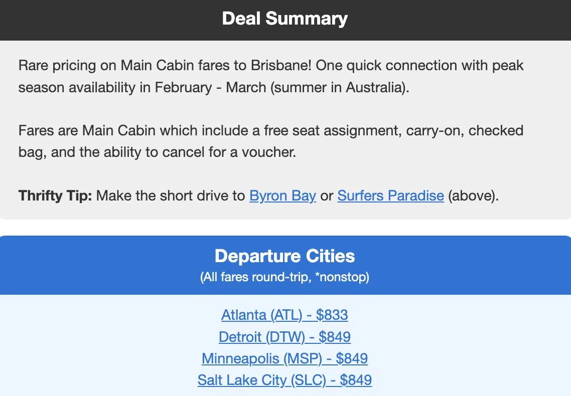 a list of departure cities on a Thrifty Traveler Premium flight deal alert for Brisbane, Australia