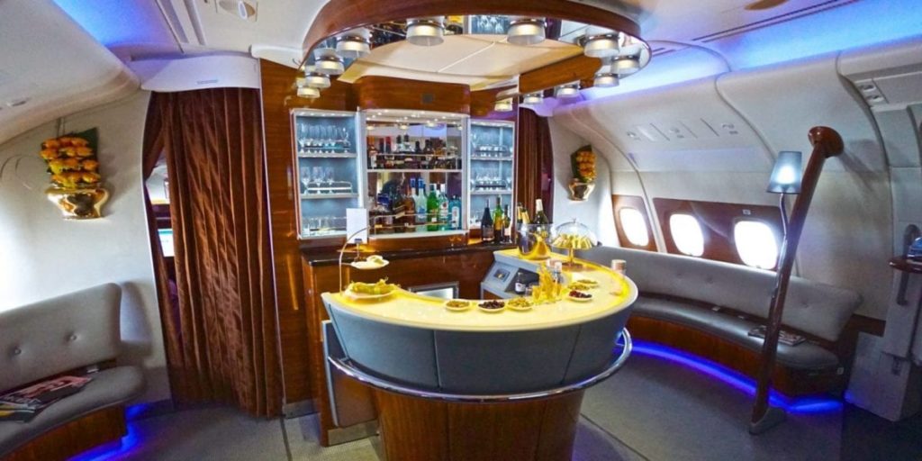 the on board bar for business and first class passengers flying on Emirates Airbus A380 aircraft