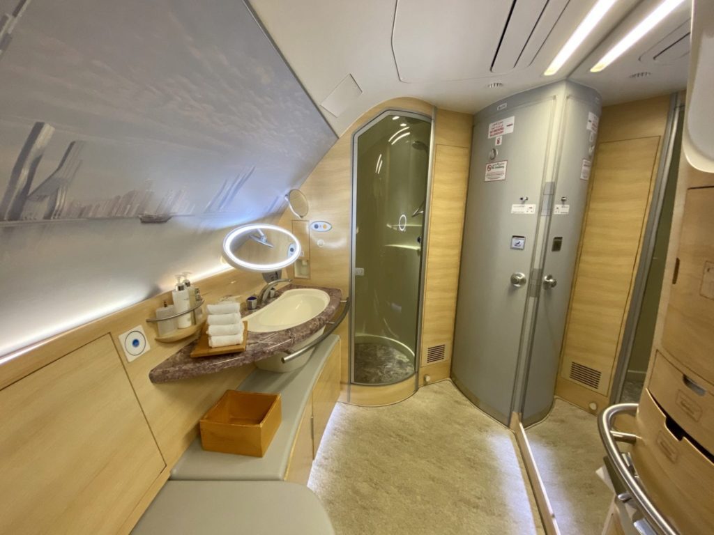 Emirates first class bathroom, including a shower