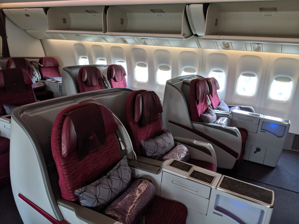 Qatar Airways business class cabin in a 2-2 layout.