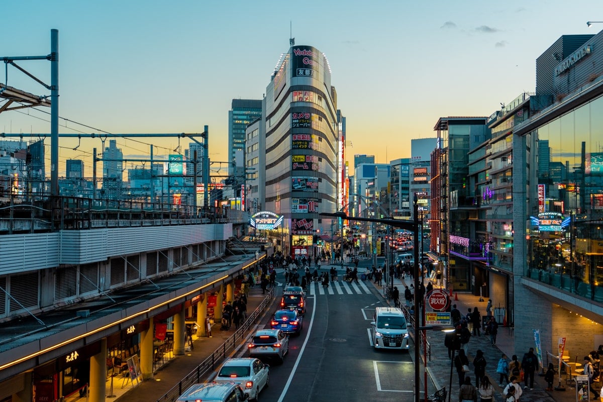 Ueno Station, Tokyo and skyscrapers at sunset.