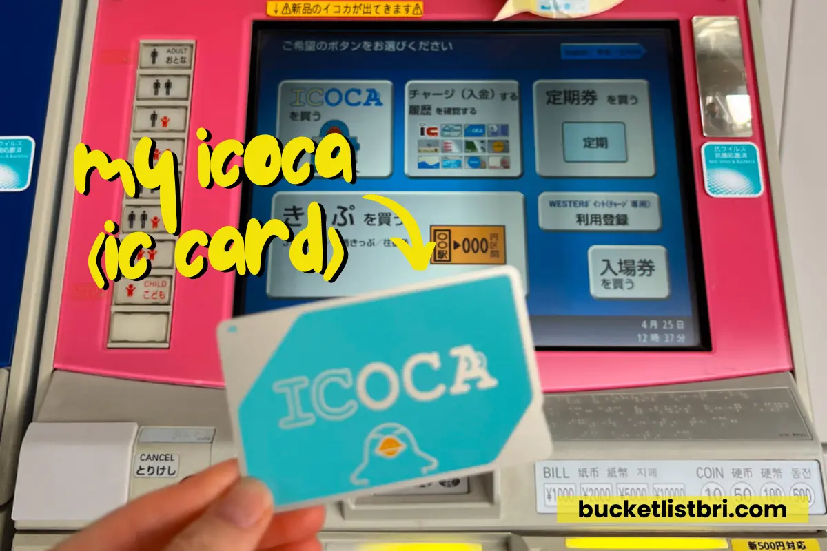 A Japanese transport ticket machine with a girl holding an ICOCA card. Photo with text overlay.