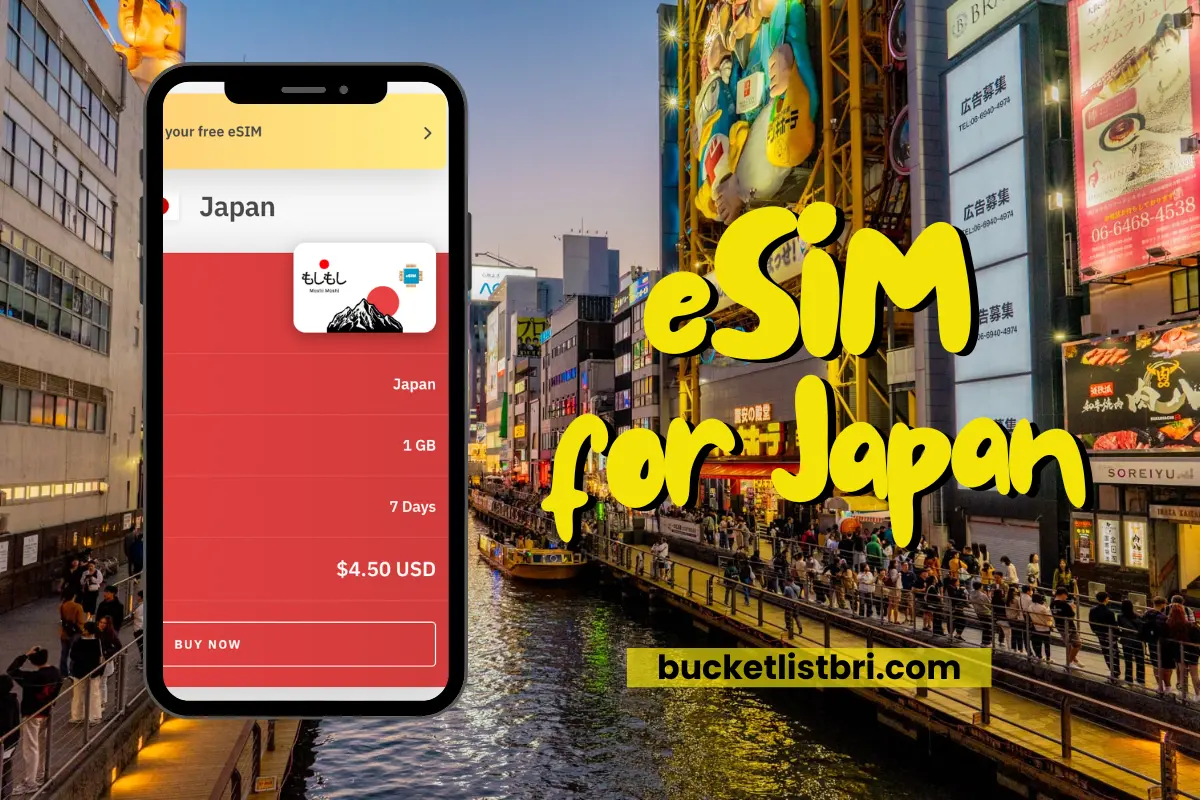 Photo of Dotonbori, Osaka, Japan with text overlay for Japan eSIM.