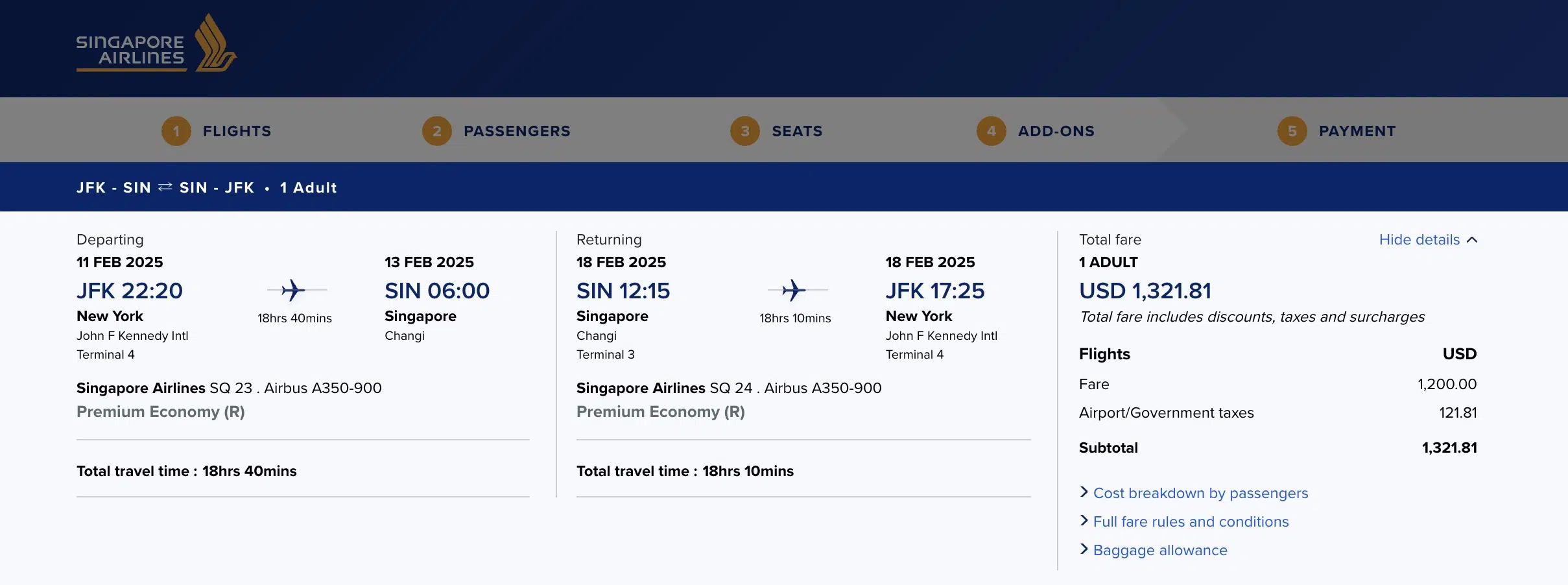 Singapore Airlines premium economy ticket