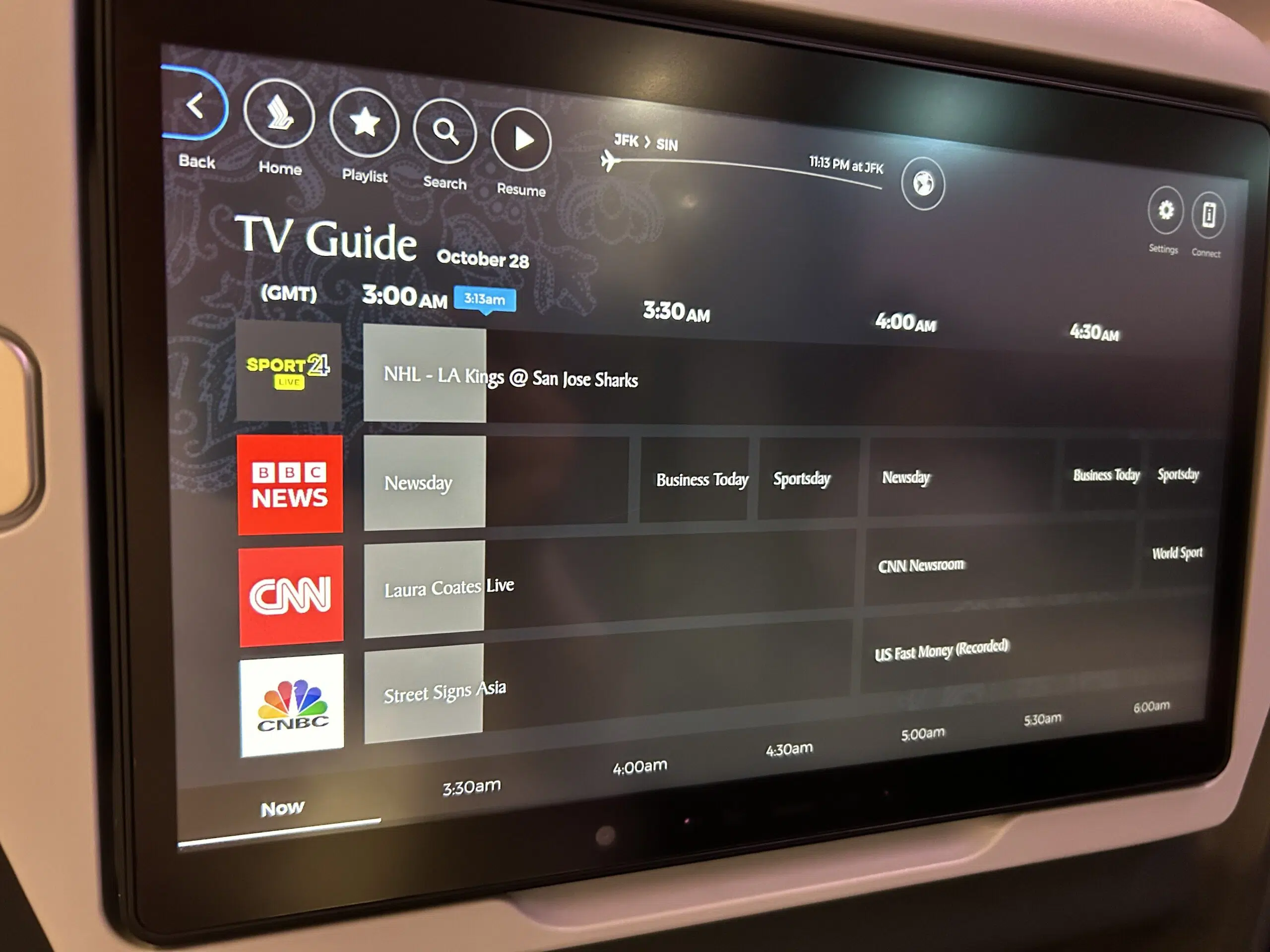 tv guide options on a seat back entertainment screen