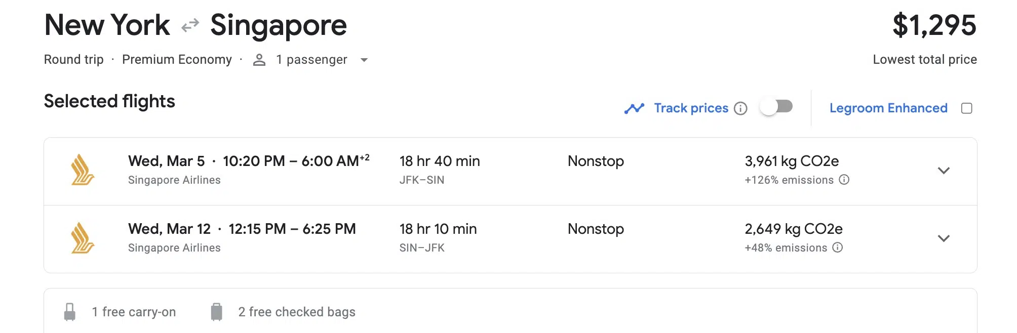 a roundtrip flight from New York to Singapore