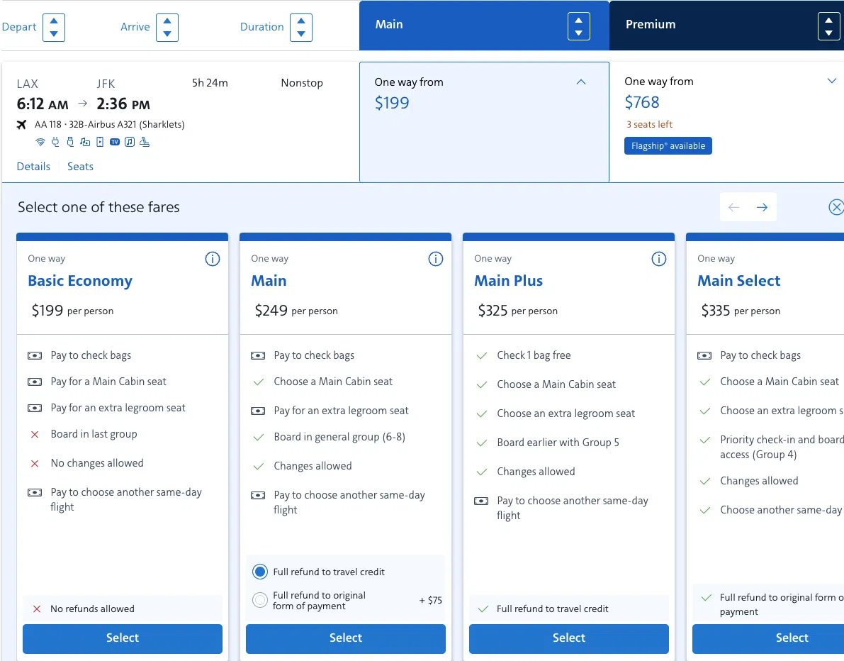 basic economy fare hidden among main cabin ticket selection