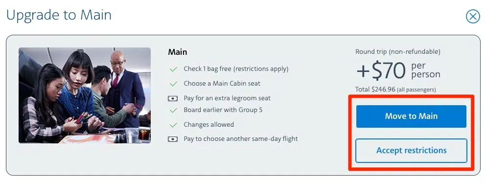 Upgrade offer to move from AA basic economy to main cabin for $70.