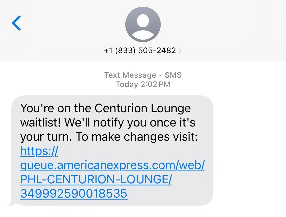 Centurion Lounge waitlist text message