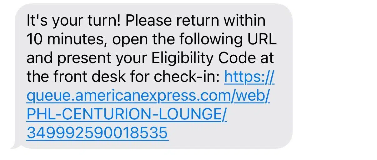 Centurion Lounge waitlist text message notification