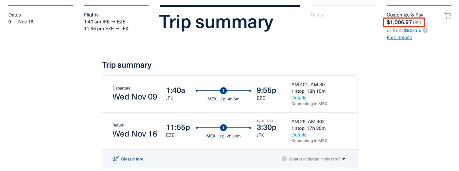 Aeromexico roundtrip fare from New York City to Buenos Aires in U.S. currency