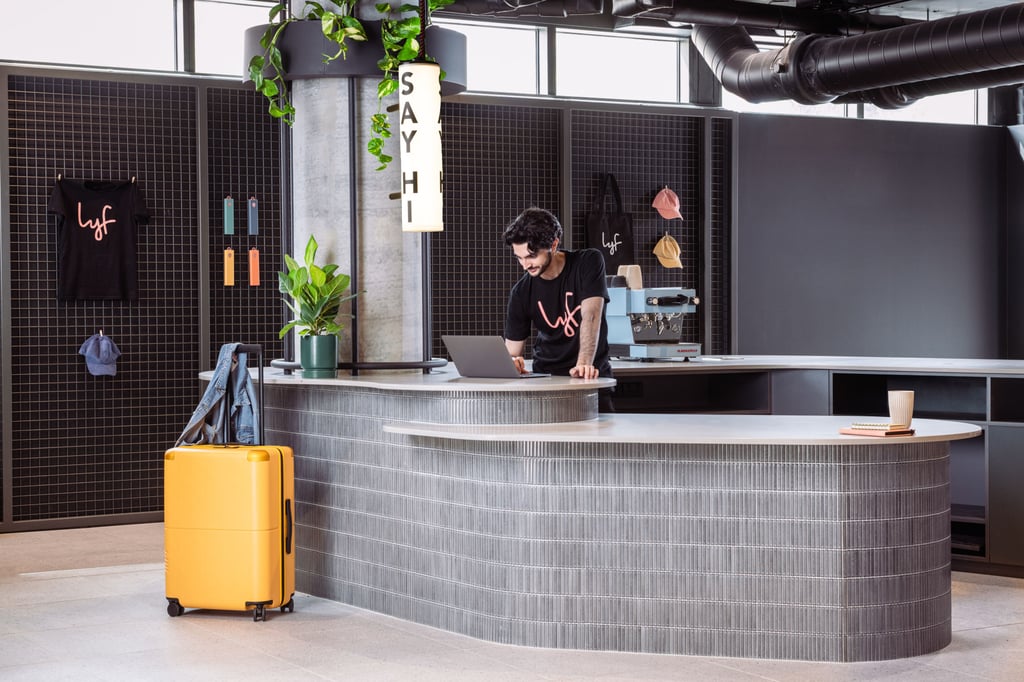 The check-in counter at Lyf Collingwood doubles as a cafe to celebrate Melbourne’s coffee culture.