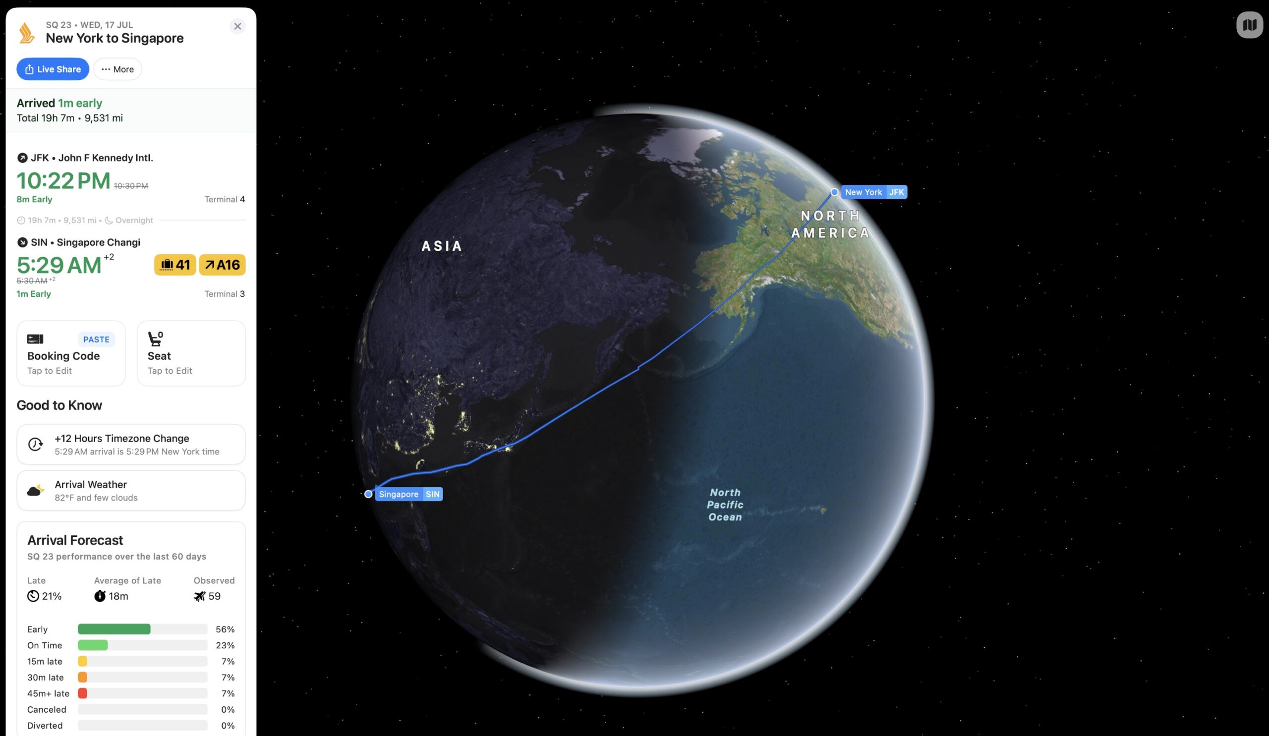 Westbound Singapore flight on Flighty