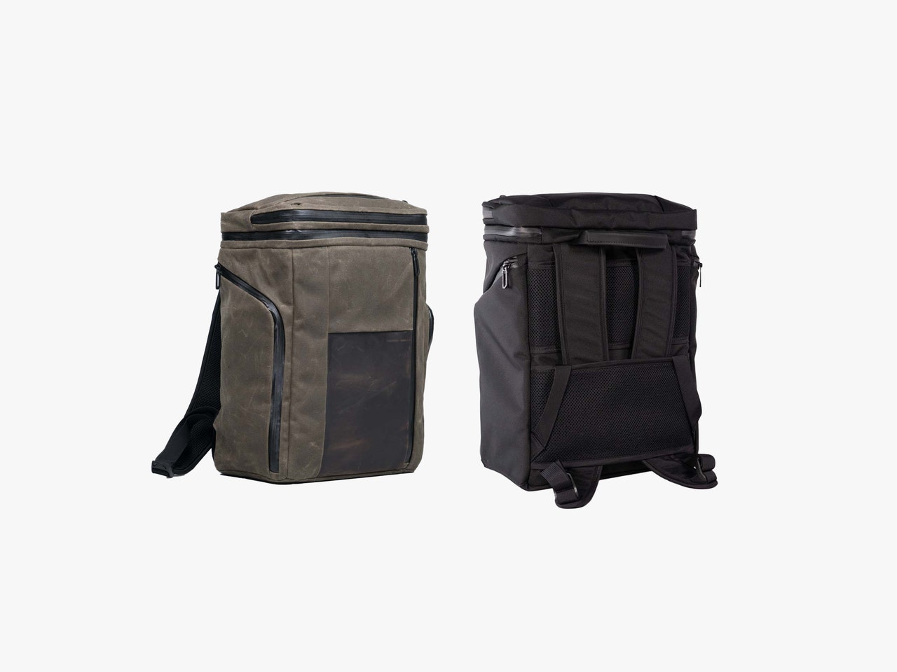 Two of the Air Porter Backpacks showing the front in a brown version and the back of a black version