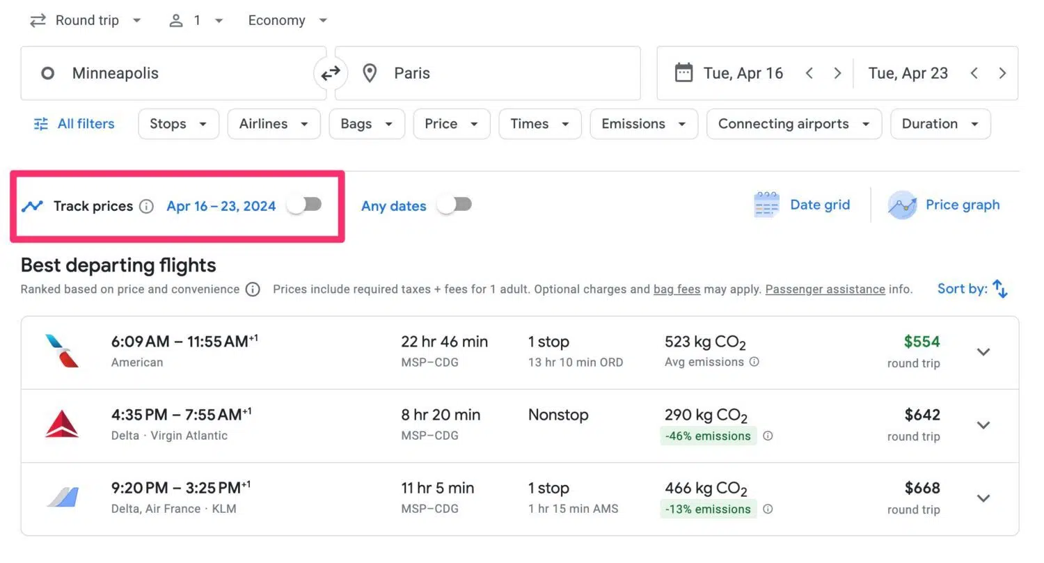 Google Flights search from MSP-CDG in April