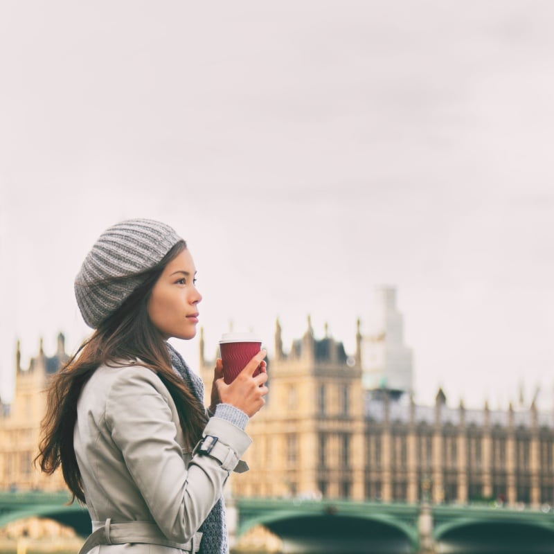 Woman stands opposite Houses of Parliament London