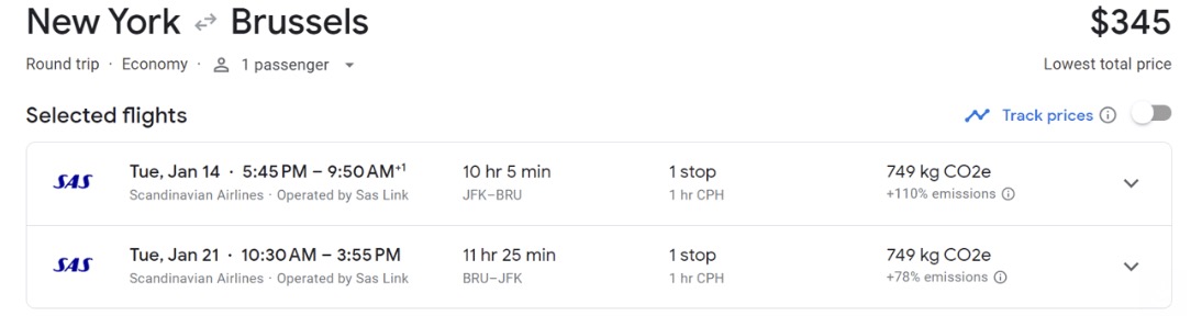 SAS airfare from JFK to Brussels