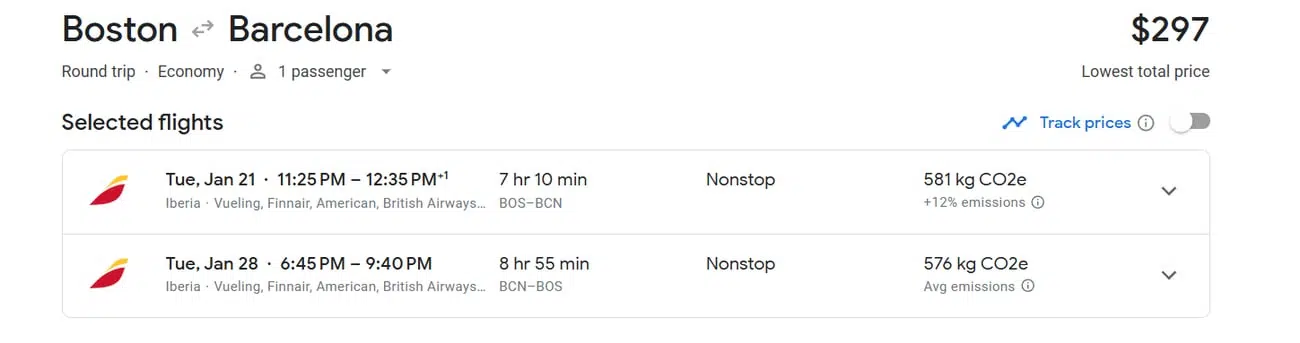 boston to barcelona roundtrip economy for one passenger for $297 