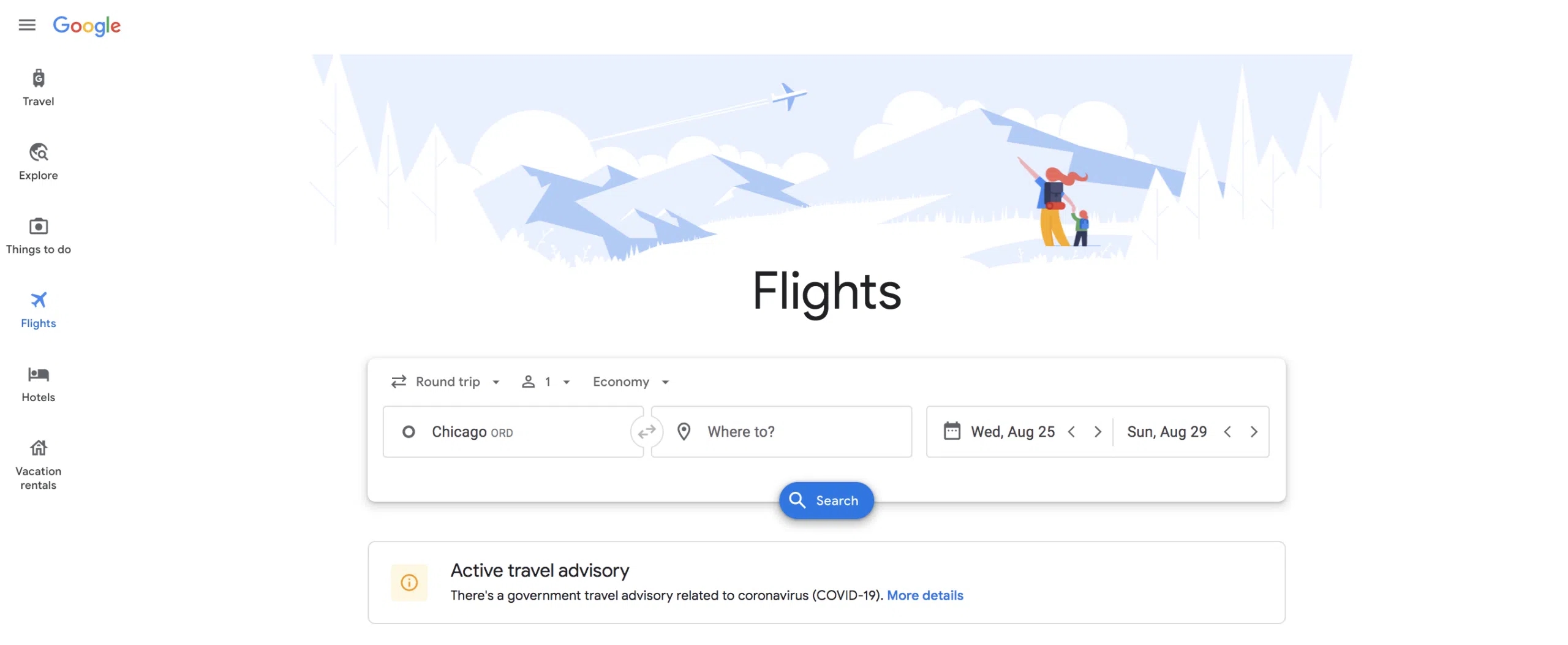 google flights homepage