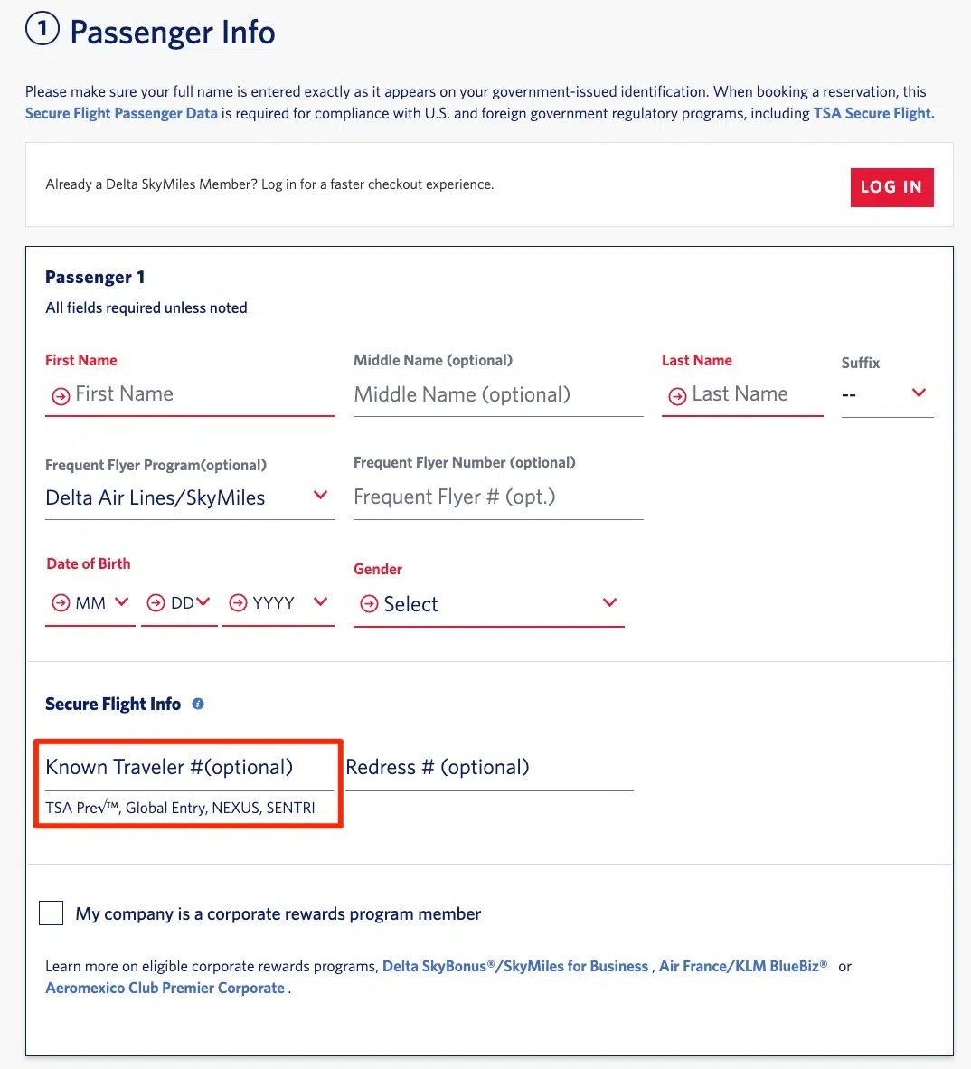 delta checkout screen with name and personal details