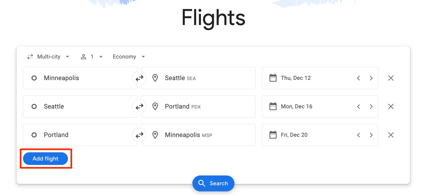 adding a flight to a Google Flights multi-city flights search