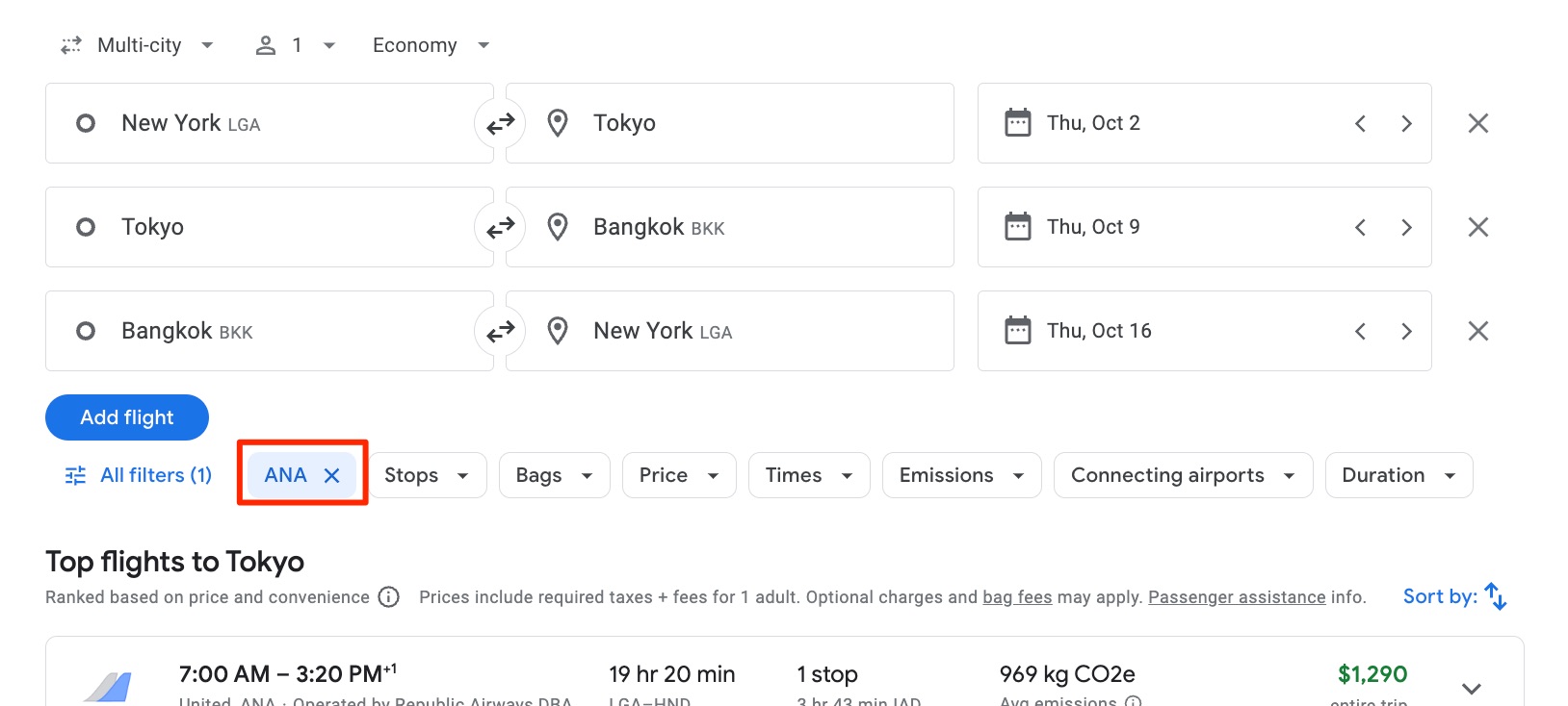 A Google Flights search using filters