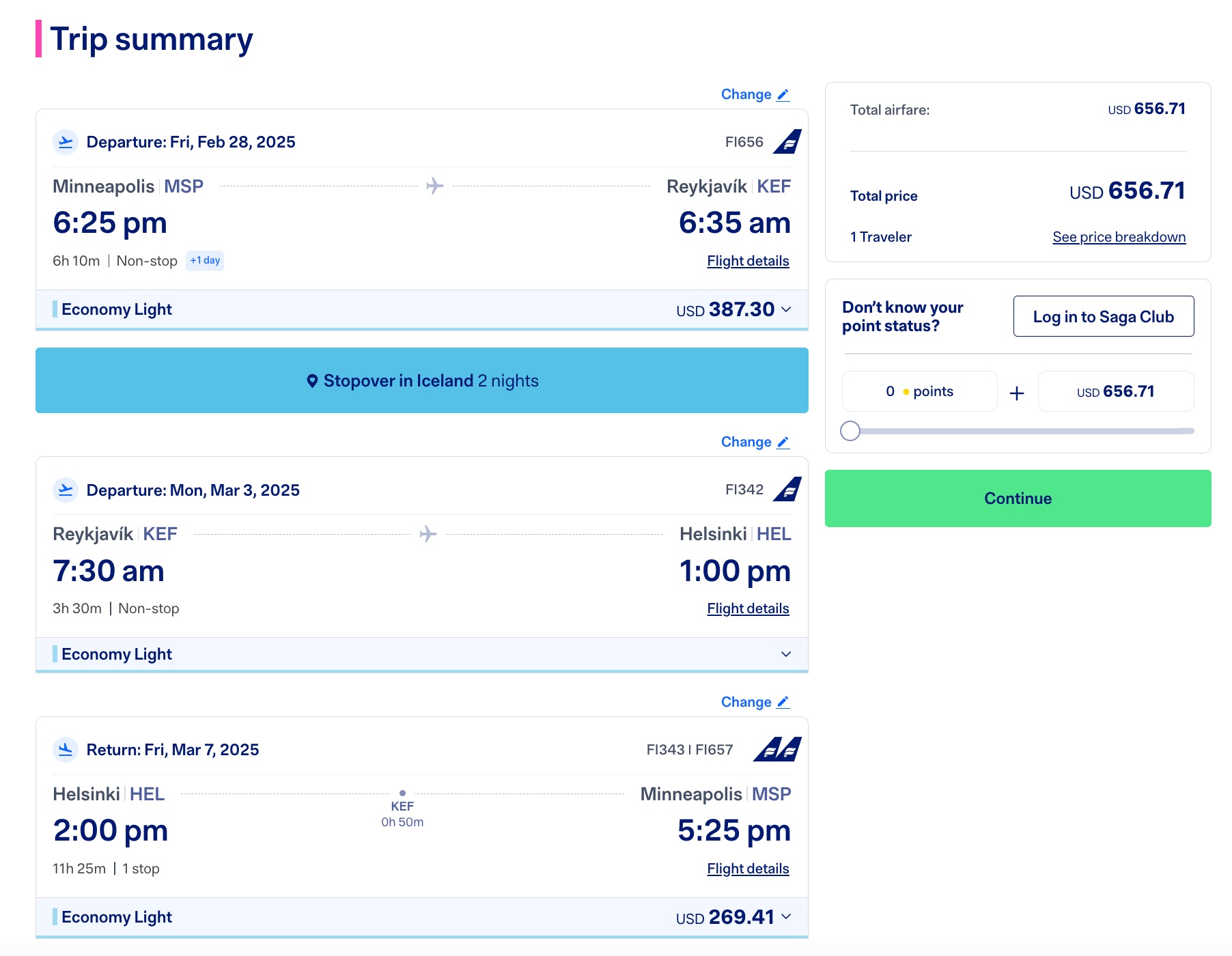 checkout page for an icelandair flight to helsinki with a stopover in Reykjavík