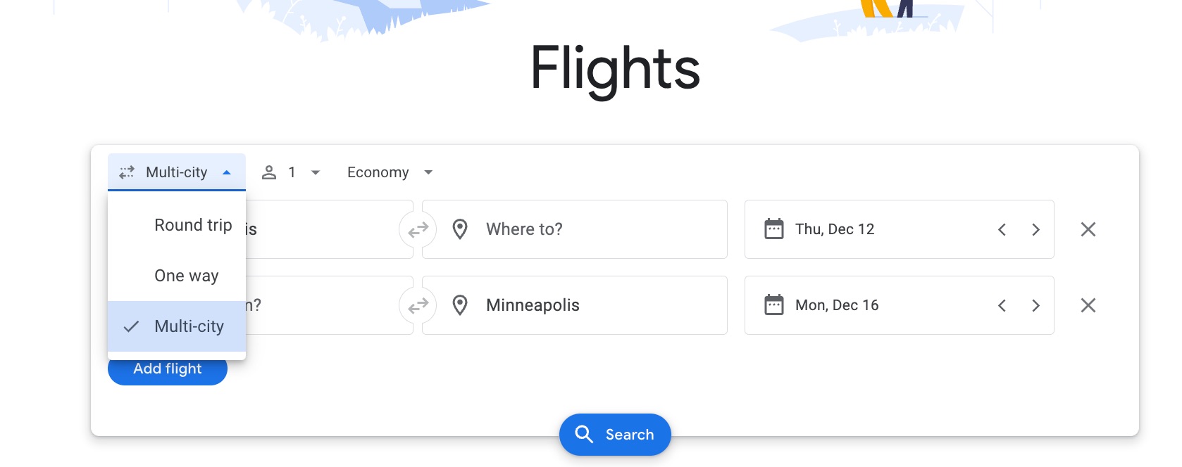 Google Flights multi-city search