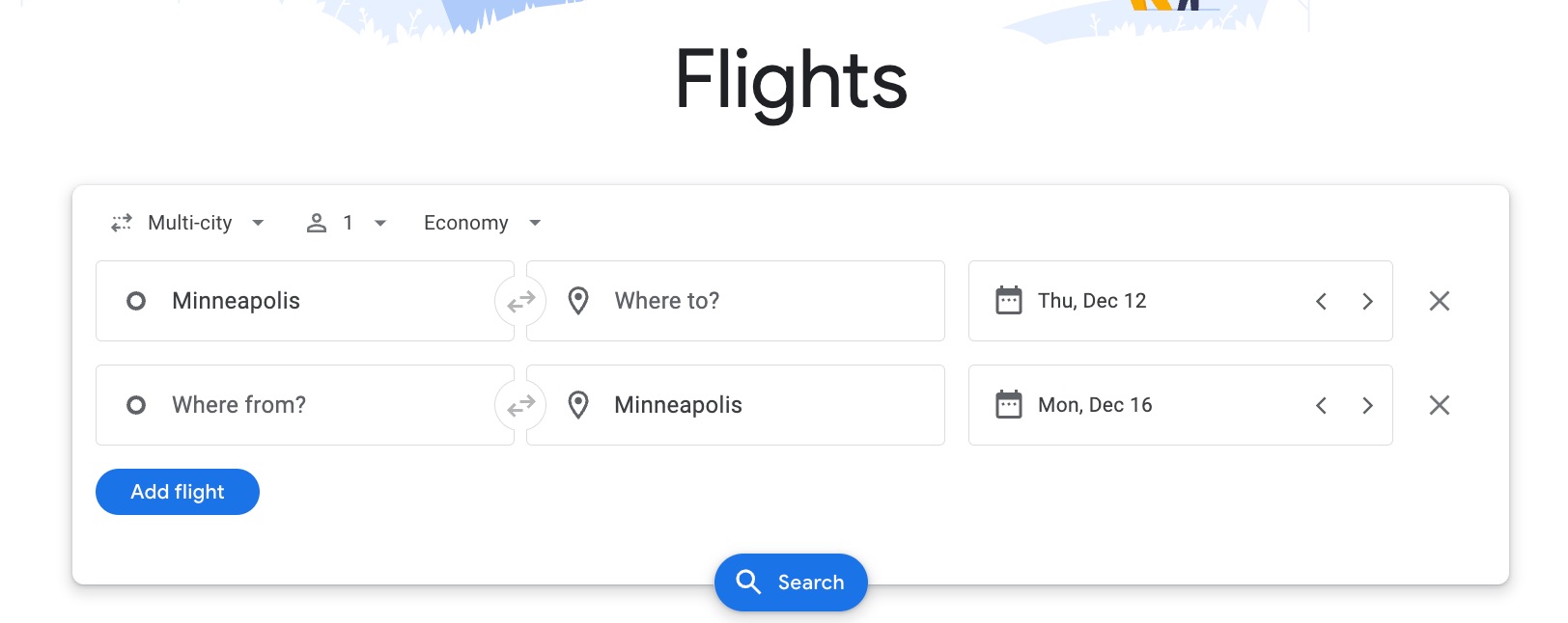 a google flights multi-city search from minneapolis