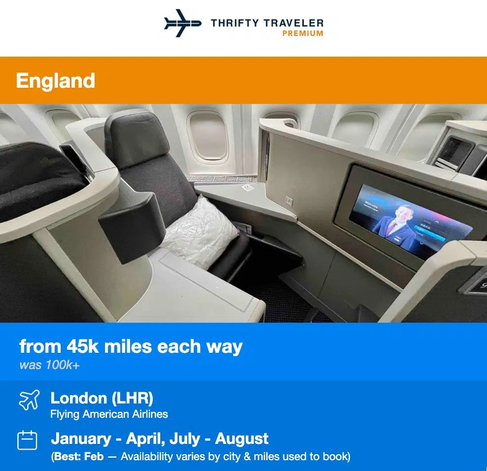 flight deal to london showing a business class seat