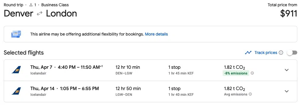 icelandair business class fare from denver to london