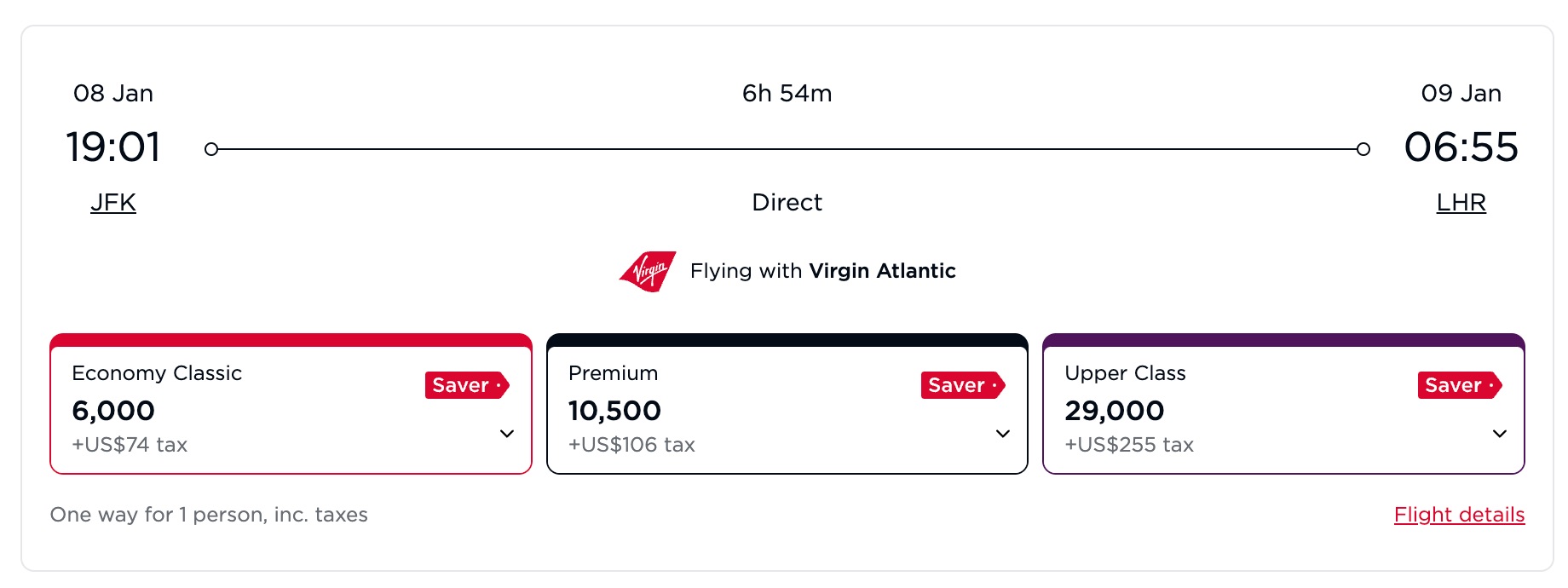 award rates on virgin atlantic from new york to london