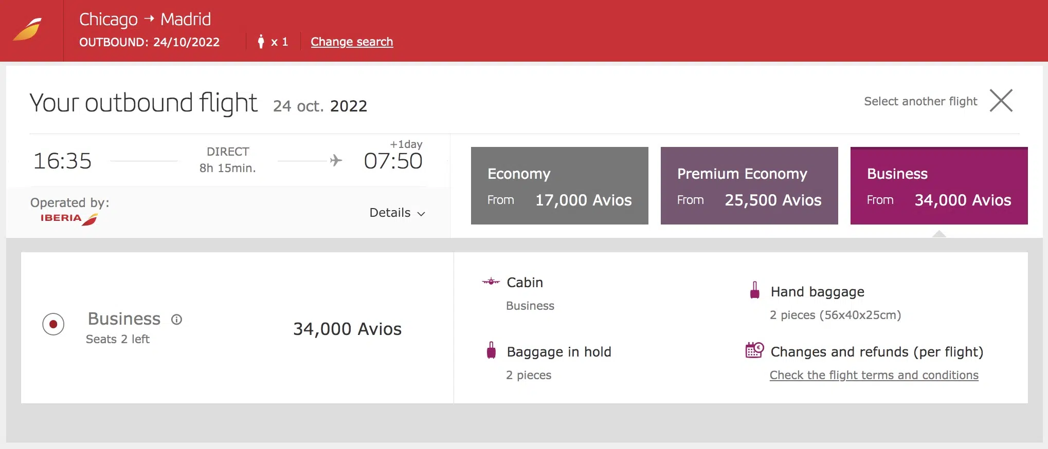 business class redemption from chicago to madrid using iberia miles