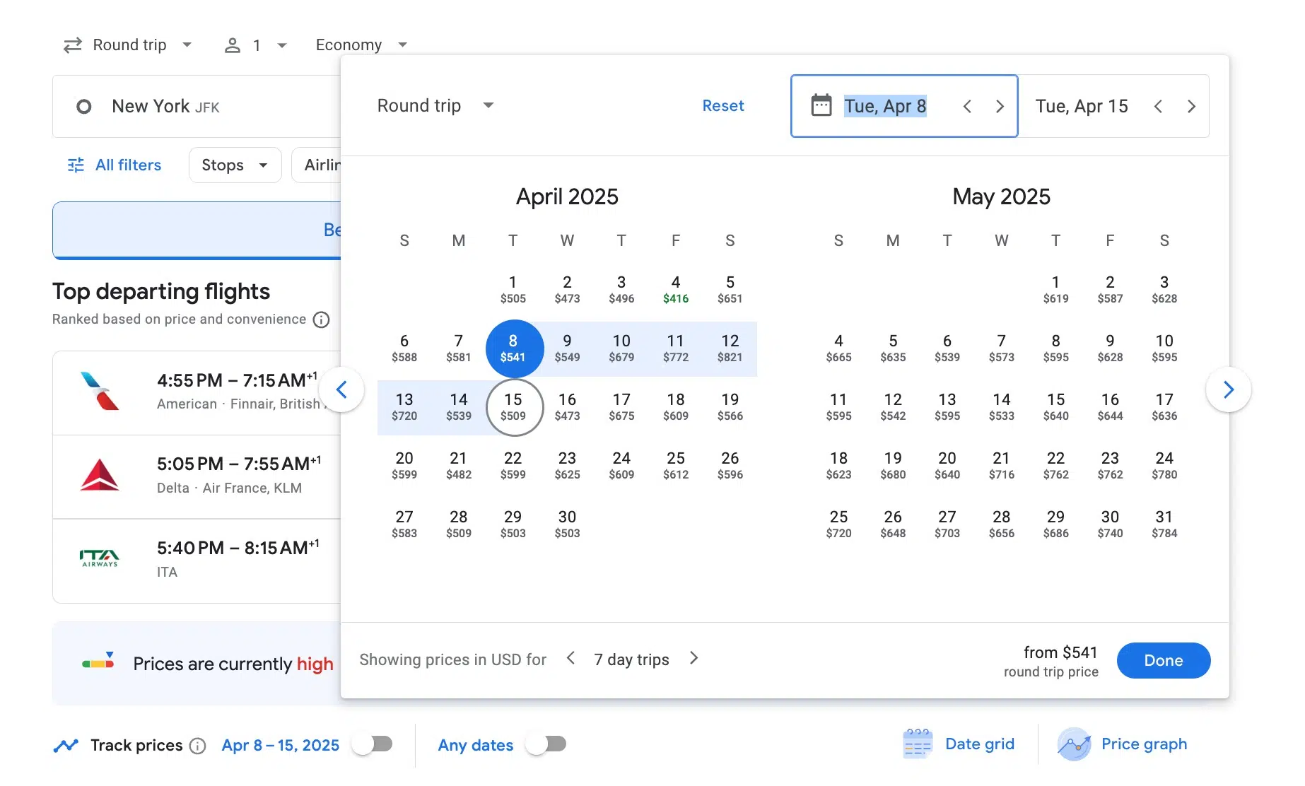 calendar of flight prices