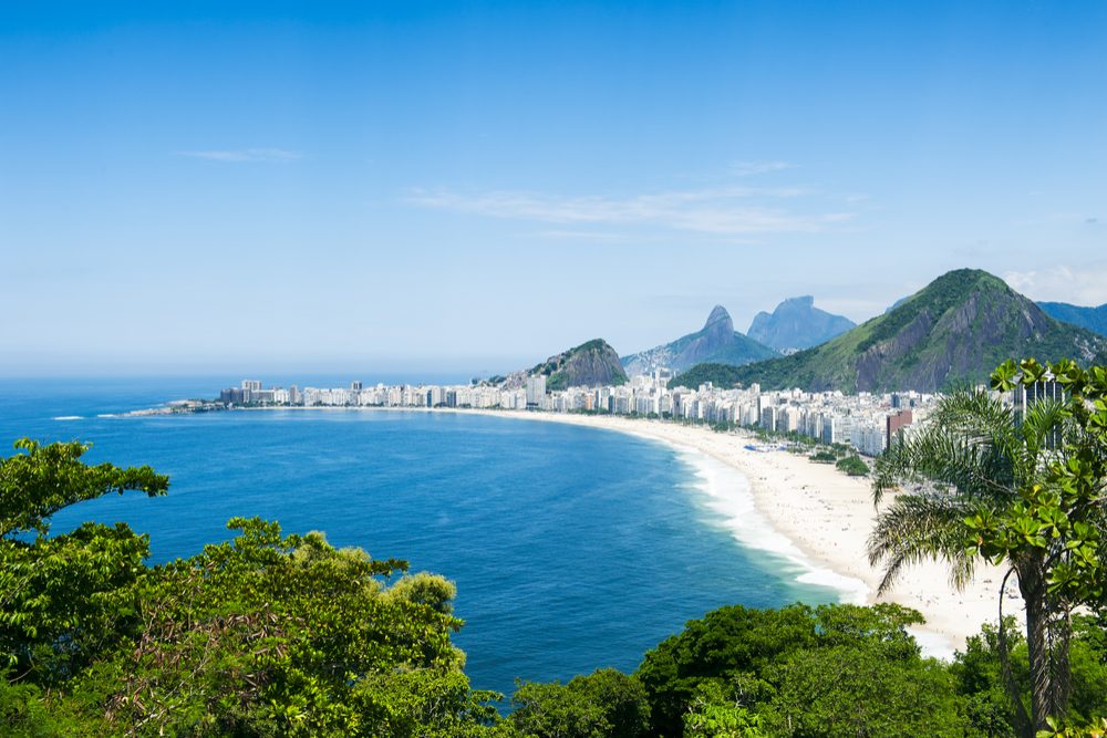 Tropical view of Copacabana Beach with city skyline of Rio de Janeiro Brazil aerial view