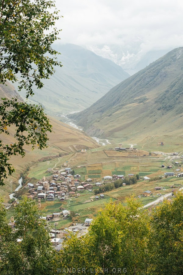 View of Ushguli and the mountains from Queen Tamar Fortress viewpoint, a short hike from Ushguli.