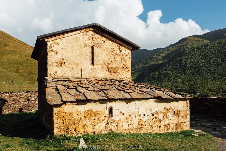 A close up of Lamaria Church, a small medieval church in Svaneti, Georgia.