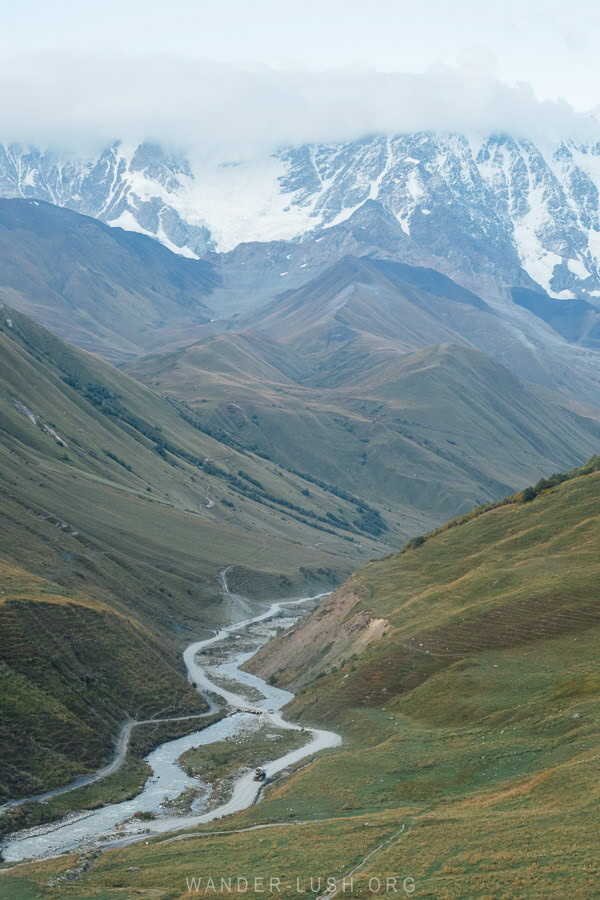 Blue hour in the evening from a viewpoint in Ushguli, looking out towards the mountains and the river.