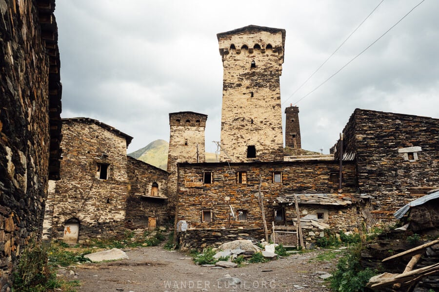 A cluster of ancient stone koshki towers in the village of Chazhashi in Ushguli, Georgia.