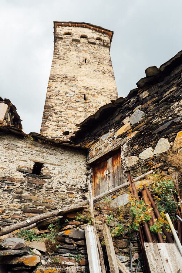 Old crumbling ruins and towers in Ushguli.