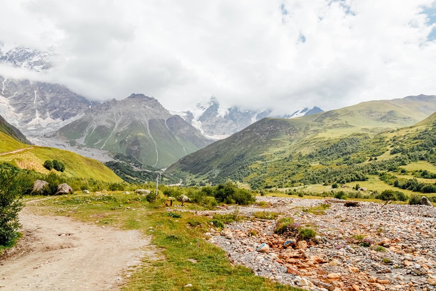 The trail to the Shkhara Glacier from Ushguli in Georgia.