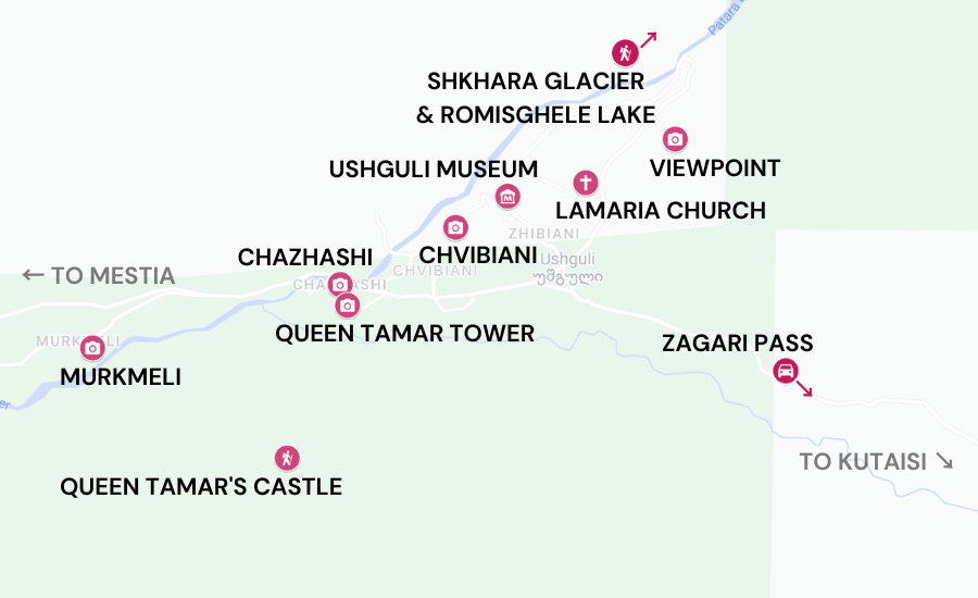 A free tourist map of things to do in Ushguli, Georgia.