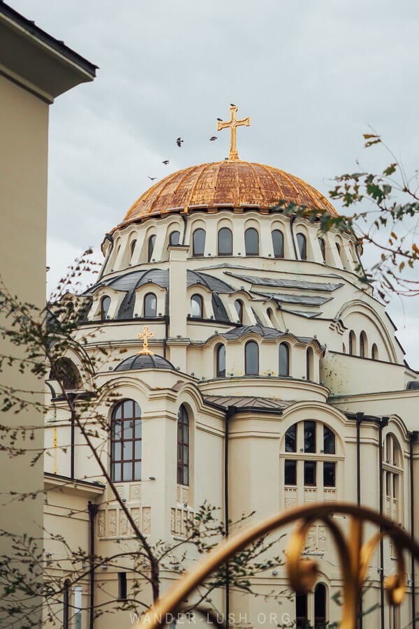 Domes of the Poti Cathedral with a gold gate in the foreground.