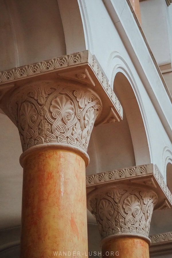 Engraved stone columns inside the Cathedral in Poti, Georgia.