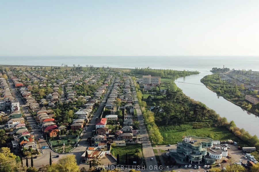 The best things to do in Poti, Georgia - Poti city and the river and Black Sea viewed from above.