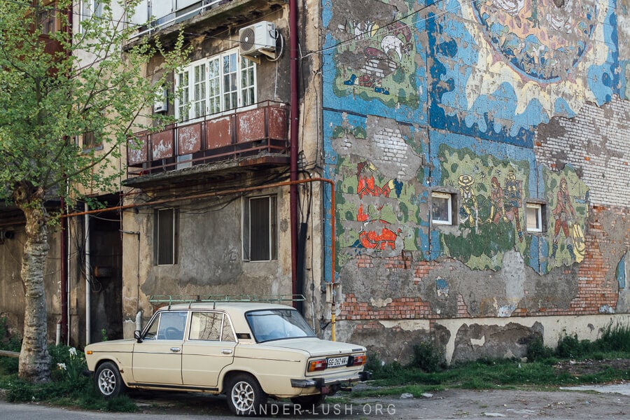 Soviet era mosaic on an apartment building in Poti, Georgia.