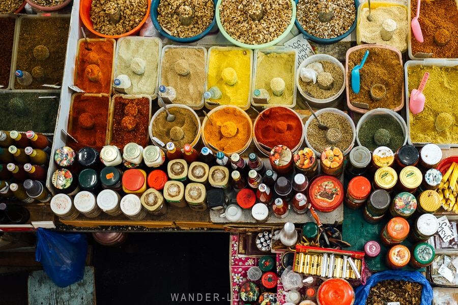 Spices and adjika for sale at the local market in Poti, Georgia.