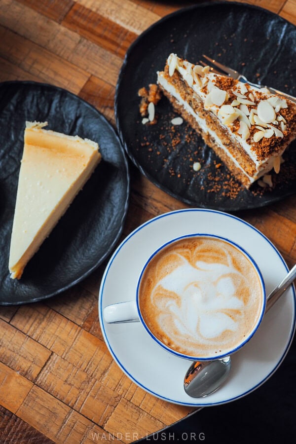 A coffee and two slices of cheesecake and carrot cake at AERO, the best cafe in Poti Georgia.